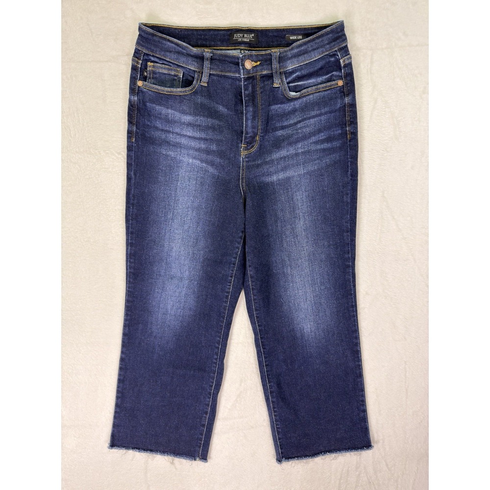 Judy Blue Jeans Womens 9/29 Plus Blue Dark Wash High Rise Wide Leg Stretch Fray